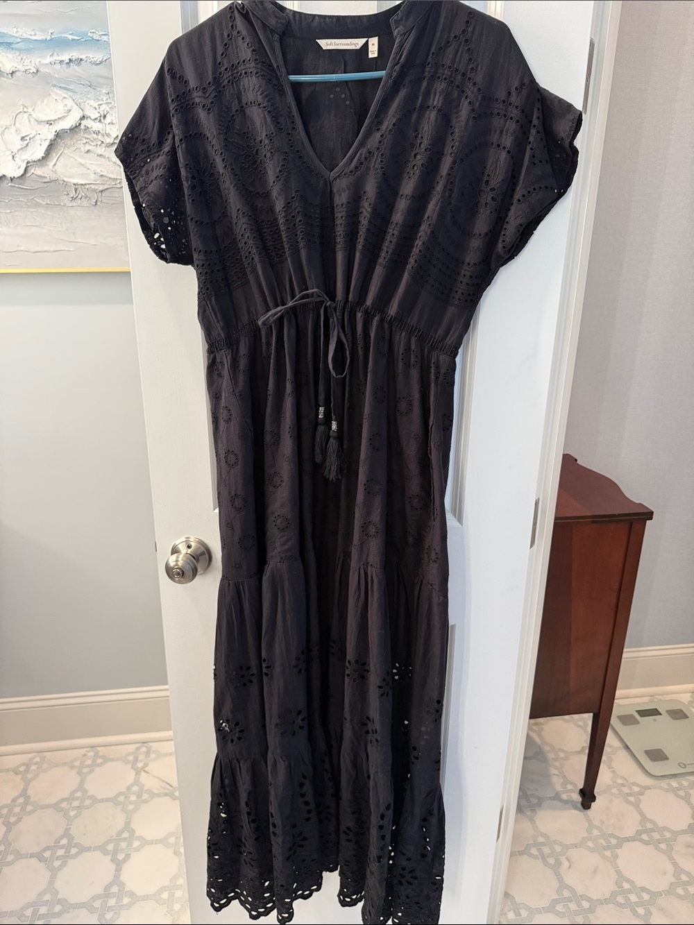Soft Surroundings Black Eyelet Tiered Maxi Dress with Tassel Tie